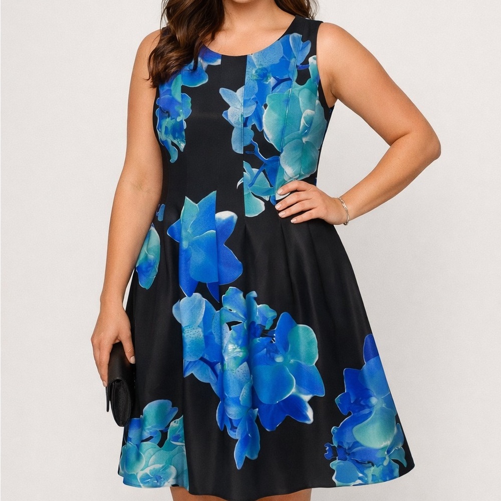 Calvin Klein Black and Blue Floral Midi Dress